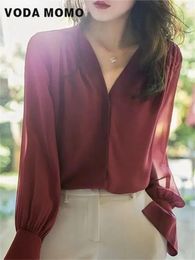 Women's Blouses French V-neck Design Sense Top Temperament Loose Chiffon Shirt Solid Basic Daily Long-sleeve Spring Summer