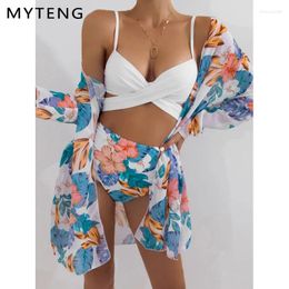 Women's Swimwear Sexy Vintage Flowers Print 3 Piece Set Bikini Push Up Bathing Suit Women Swimming High Waist Beachwear Lady Swimsuit