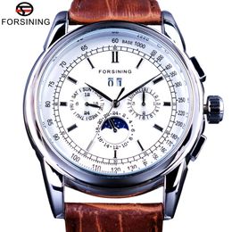 Forsining Moonphase Calendar Display Brown Leather ShangHai Automatic Movement Mens Watches Top Brand Luxury Mechanical Watches 2661