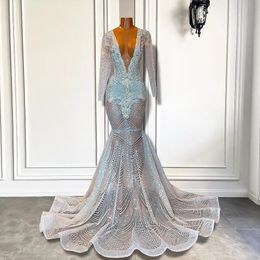 Vintage Long Sleeve Prom Dresses 2024 New Sexy Deep V Neck Sequined Beads Evening Gowns For Teens Met Gala Vestidos De Bal Bc18803