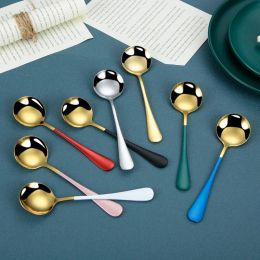 Stainless Steel Coffee stirring Spoons Colored Ice Cream dessert Cake Soup spoon 7 inch Reusable tea sugar round mixing spoons ZZ