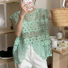 Women's Blouses Retro Embroidered Shirt For Sleeveless Vest Tops Summer Hollow Out Crochet Lace Blouse