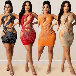 Work Dresses Rhinestone Cut Out One Shoulder Bodycon Dress Women Summer Mini Sexy Sparkly Sheer Mesh For Club Party S-XXL