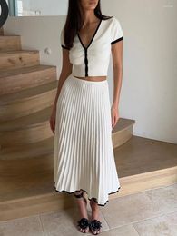 Work Dresses 2024 Fashion Women Knit 2-piece Outfit Short Sleeve V-neck Top With Midi Pleated Skirt Summer For Party Club