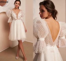 Short Dot Puff Sleeves A Line Wedding Dresses Sexy V Neck Open Back Floral Lace Appliqued Bridal Gowns Boho Garden Tulle Brides Second Reception Party Dress Appliqued