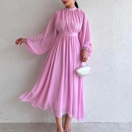 Casual Dresses Fashion Half High Collar Mesh Maxi Dress 2024 Women Solid Pleated Bridesmaid Spring Elegant Long Sleeved Waist