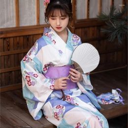 Ethnic Clothing Japanese Style Kimono Bathrobe Retro Zephyr Long Sleeve Dress Po Blue And White Plaid Light Purple Women