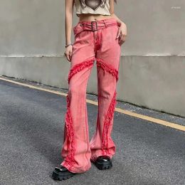 Women's Jeans Mexzt Y2K Washed Belt Women Streetwear High Waist Flared Denim Trousers Vintage Red Edge Casual Baggy Wide Leg Pants