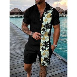 Hawaiian Beach 3D Print Mens Sweatsuit Set Casual Zipper Collar Polo Shirt Shorts 2pcs Sets Streetwear Fashion Man Clothing 240510
