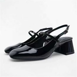 Dress Shoes Patent Leather High Heels Women Fashion Squared Toe Ankle Sandals Ladies Block Heel Black Office Lady Mary Janes Pumps H240527