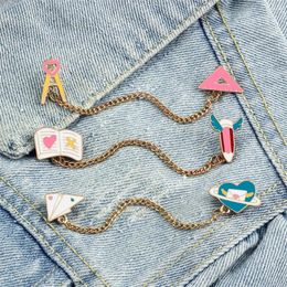 Brooches Funny Cartoon Brooch With Chain Stationery Ruler Pen Book Enamel Pins For Student Kids Cute Custom Bag Lapel Badge Jewellery Gifts