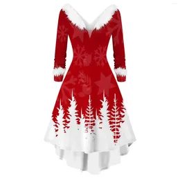 Casual Dresses Autumn And Winter Women's Fashion Elegant V-neck Fur Spliced Christmas Printed Irregular Dress