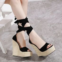 Ladies Sandals Women Shoes Cloth Solid Color Slope Heel Round Shape Thick Bottom Increase Roman Platform 240510