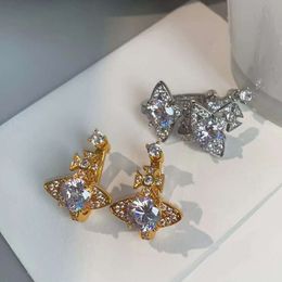 Empress Dowager Viviane Westwood Saturn Full Diamond Earrings Female Unique Super Sparkling Zircon Stone Trendy Design Light Luxury Earrings