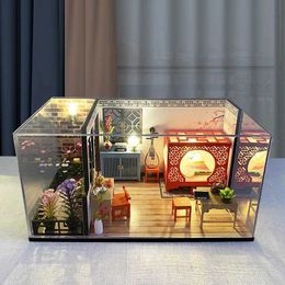 Doll House Accessories New DIY wooden doll house mini furniture with LED kit ancient architecture doll house assembly toys childrens gift house Q240522