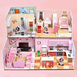 Blocks Kitchen DIY puzzle doll house bathroom bedroom 3D paper room cardboard cartoon pretend to play card H240523