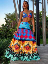 Summer Colourful Print Dress Two Piece Set Sleeveless Sexy Deep V Top High Waist Hollow Suit Beach Vacation Female 240515