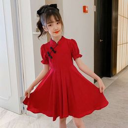 2023 summer Kids Girls solid chinese red Cheongsam Qipao Princess Teenager New Year Dresses Clothing 4 7 8 9 10 12 14 Years L2405