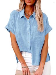 Women's Blouses Camisas Summer Women Solid Top Blouse Fashion Button Casual Short Sleeve Cotton Linen Loose Elegant Tops Shirt 2024 Shirts