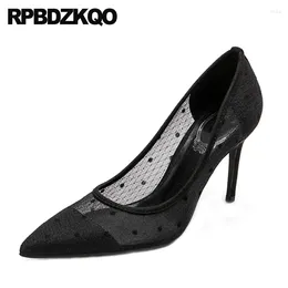 Dress Shoes Size 33 Big Polka Dot Thin Fashion Black Scarpin 2024 Medium Heels Pointed Toe Luxury Women Designers Mesh Pumps 4 34 High