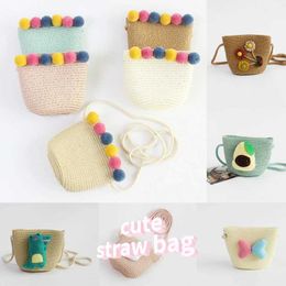 Handbags Cartoon Baby Girls Coin Purse Casual Travel Beach Straw Bag Small Crossbody Bags for Children Cute Flower Bow Kids Shoulder Bags Y240523