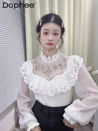 Women's Blouses Sweet Mesh Embroidered Heavy Industry Beads Ruffled Chiffon Chic Knitted Stitching Shirt 2024 Spring Womens Tops And