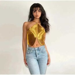 Women's Tanks Camis 2024 Summer Fashion Strap Cut Top Silver/Gold Metal Cut Sexy Hollow Sleeveless Backless Womens Street Clothing J240523