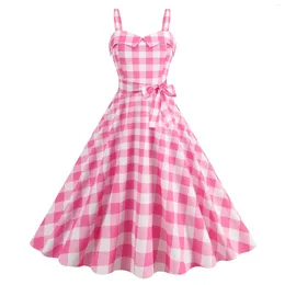 Casual Dresses Spaghetti Strap Pink Plaid Dress Women Summer Elegant Vintage 50s Rockabilly Swing Party 2024