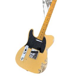 Left Hand Electric Guitar Tel light yellow Body Rosewood Fingerfrets Fixed Bridge Black Pickguard Factory Custom