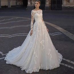 Lace A Neck Bateau Line Sleeves Wedding Dresses Court Train Ivory Long Bridal Gowns Country Garden Beach Modern Bride Dress Custom Made