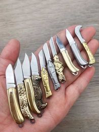 Camping Hunting Knives Brass handle steel blade outdoor EDC portable multi knife kitchen gift mini pocket folding key ring knife practical tool Q240522