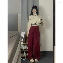 Women's Pants American Street Cargo For Women 2024 Spring Dark Red High Waist Casual Retro Side Tie