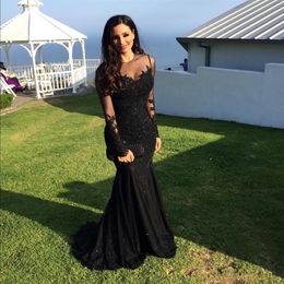 2021 Sexy Jewel Neck Black Evening Dresses Wear Lace Appliques Crystal Beaded Mermaid Long Sleeves Party Gowns Modest robe de soiree Pr 312K