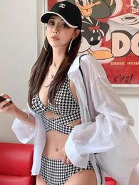 Women's Swimwear Sexy Style Bikini Set Vintage Houndstooth Print Push Up Checker Swimsuit Wrap Bandage Bath Suit