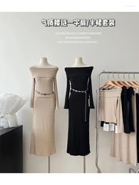 Work Dresses Women's Knitted Skirt Sets Vintage Long Sleeve Sweater And A-Line Female Y2k Elegant Harajuku Suit 2000s Clothes 2024