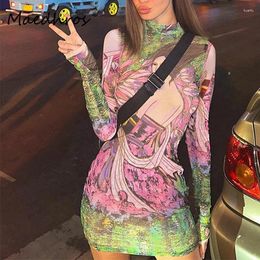 Casual Dresses Turtleneck Long Sleeve Abstract Print Women Sexy Bodycon Slim Mini Dress Winter Girls Clothes Birthday Rave Party Y2K