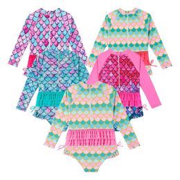 Children's One-Piece Long Sleeved Mermaid Multi-color Swimsuit Girl Swimming Pool Party Sun Protection Swimwear L2405