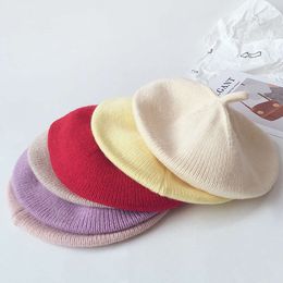 Solid Colour Baby Hat Vintage Knitted Children Warm Beret Kids Girls Winter Spring Artist Painter Cap