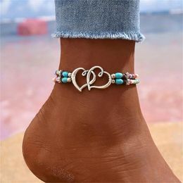 Anklets INS Fashion Double Heart For Women Simple Black White Colored Small Beads Ankle Bracelet Summer Barefoot Chain Jewelry