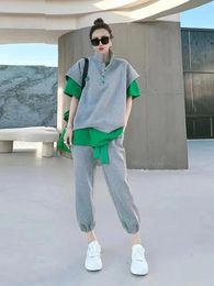 Women's Two Piece Pants Summer Outdoor Sports Leisure Versatile Colour Block Suit Fashion Female Long Short Sleeve Top Set