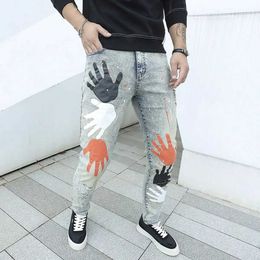Men's Shorts 2023 New Men Streetwear Ripped Patch Printed Slim Jeans Trousers Stylish Holes Male Casual Pencil Denim Pants J240522