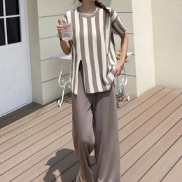 Women's Two Piece Pants Fashion Patchwork Striped Short Sleeved Split Pullover Sweater High Waist Wide Leg Knitted Two-Piece Set For Women