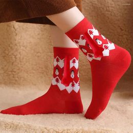 Women Socks Anti-slip Funny Magnetic Suction Couple Striped Snowflake Print Holding Hands Mid-tube Christmas Unique Gift