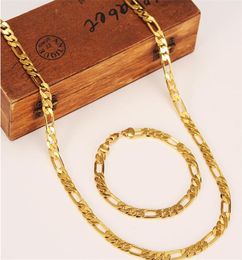 Whole Classic Figaro Cuban Link Chain Necklace Bracelet Sets 14K Real Solid Gold Filled Copper Fashion Men Women039s Jewelr8808773