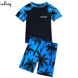 Kids Boys 2 Piece Swimsuit Beachwear Short Sleeve Rash Guard Swim Tops with Drawstring Board Shorts Set Bathing Suit Swimwear L2405