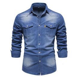 Designer Denim shirt Mens casual solid color Black navy blue Slim men long sleeve shirt Spring autumn summer streetwear S-3XL 82e 33c
