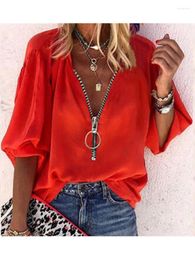 Women's Blouses Spring Summer Solid Color Long-sleeved V-neck Zipper Shirts Tops For Women Fashion Elegant Casual Loose Shirt