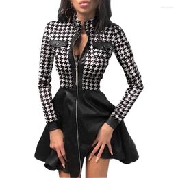 Casual Dresses Autumn Long Sleeved V-neck Zipper PU Pocket Dress Temperament Sexy Lace Sleeve Printed Women's Vestidos Ropa De Mujer