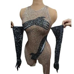 Grundlegende lässige Kleider leuchtende Pailletten Abend Ball Promi Geburtstag Jumpsuit Sexy Schwarze Hände Körper Kleidung Handschuhe Frauen Bühne tragen Heihou J240523