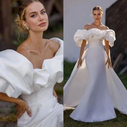 Sleeves Puff Mermaid Short Wedding Dress Off the Shoulder Long Satin Bridal Gown with Detachable Train Ruched Simple Ivory White Vestido De Novia